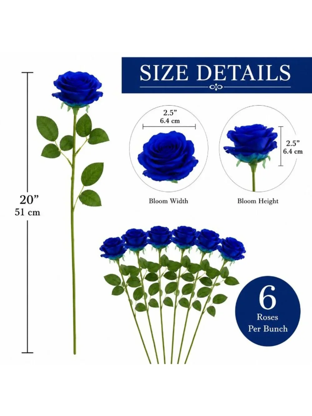 Royal Blue Artificial Roses 6 Stems Faux Silk Rose Bouquet Wedding Flowers Home